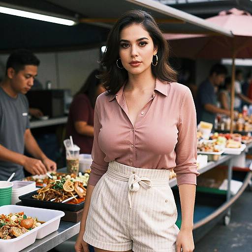 Medium Format Film Style Portrait of Woman in Muted Rose at Outdoor Market