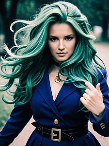 Fashionable Woman with Teal Hair in Royal Blue Coat