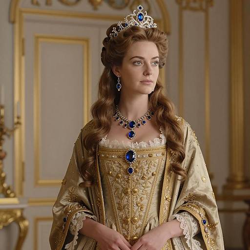 Elegant Woman in Renaissance Style Gown with Blue Gemstone Jewelry