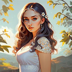 Young Woman in White Dress with Flowers