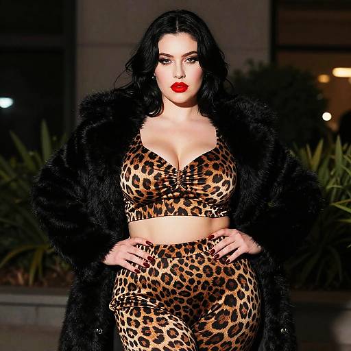 Bold Leopard Print Outfit with Black Faux Fur Coat on Woman