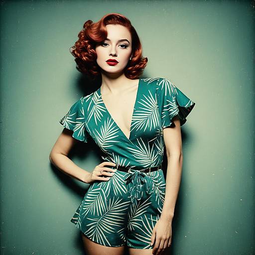 Red-Haired Woman in Retro Tropical Leaf Print Romper Fashion Portrait