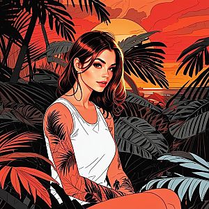 Confident Woman with Botanical Tattoos in Tropical Sunset