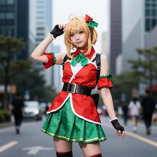Woman in Red and Green Anime Cosplay Outfit Posing on City Street