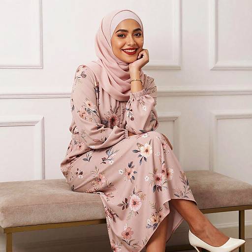 Elegant Woman in Pink Floral Dress and Hijab Sitting on Bench