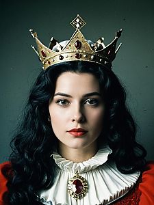 Regal Woman in Renaissance Queen Costume with Gold Crown and Red Jewels