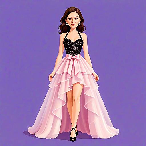 Woman in Black Lace Corset Halter Dress with Pink Layered High-Low Skirt