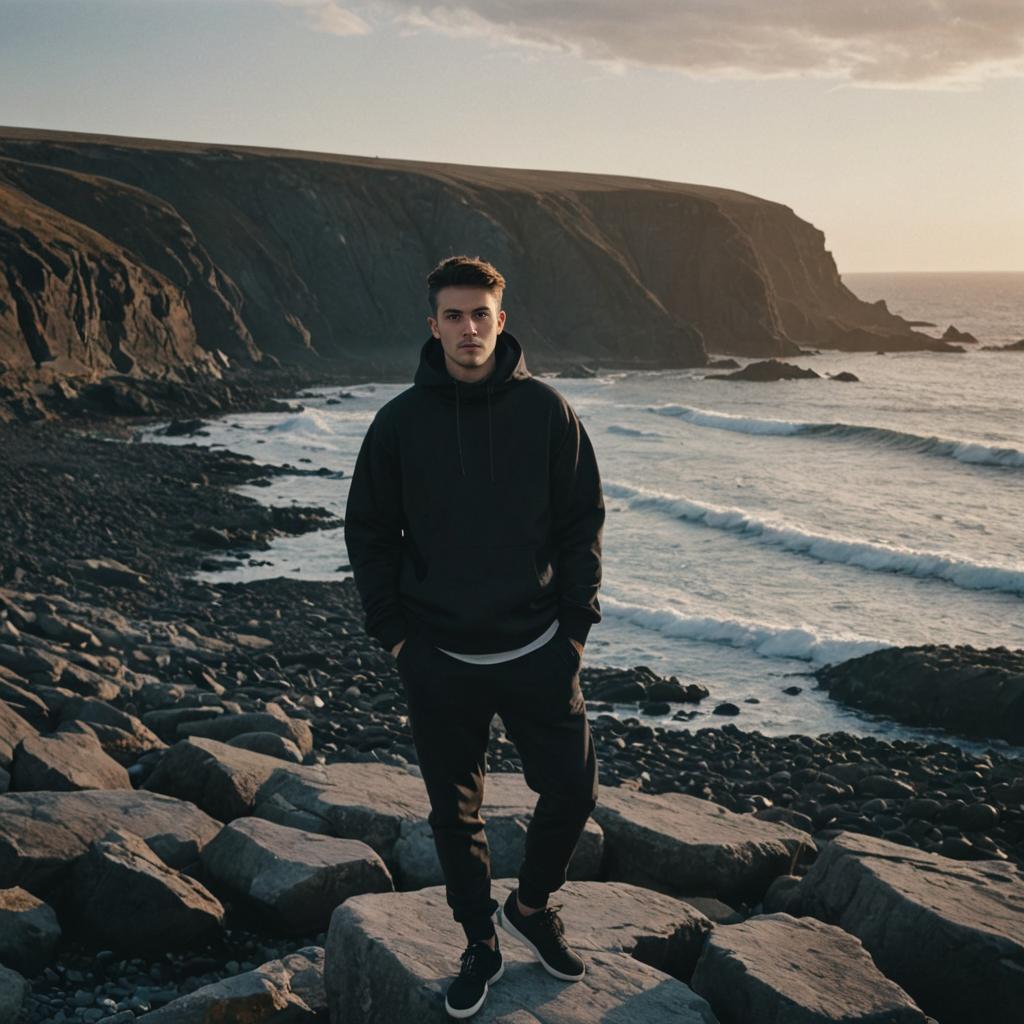 Man on Rocky Terrain with Serene Seascape