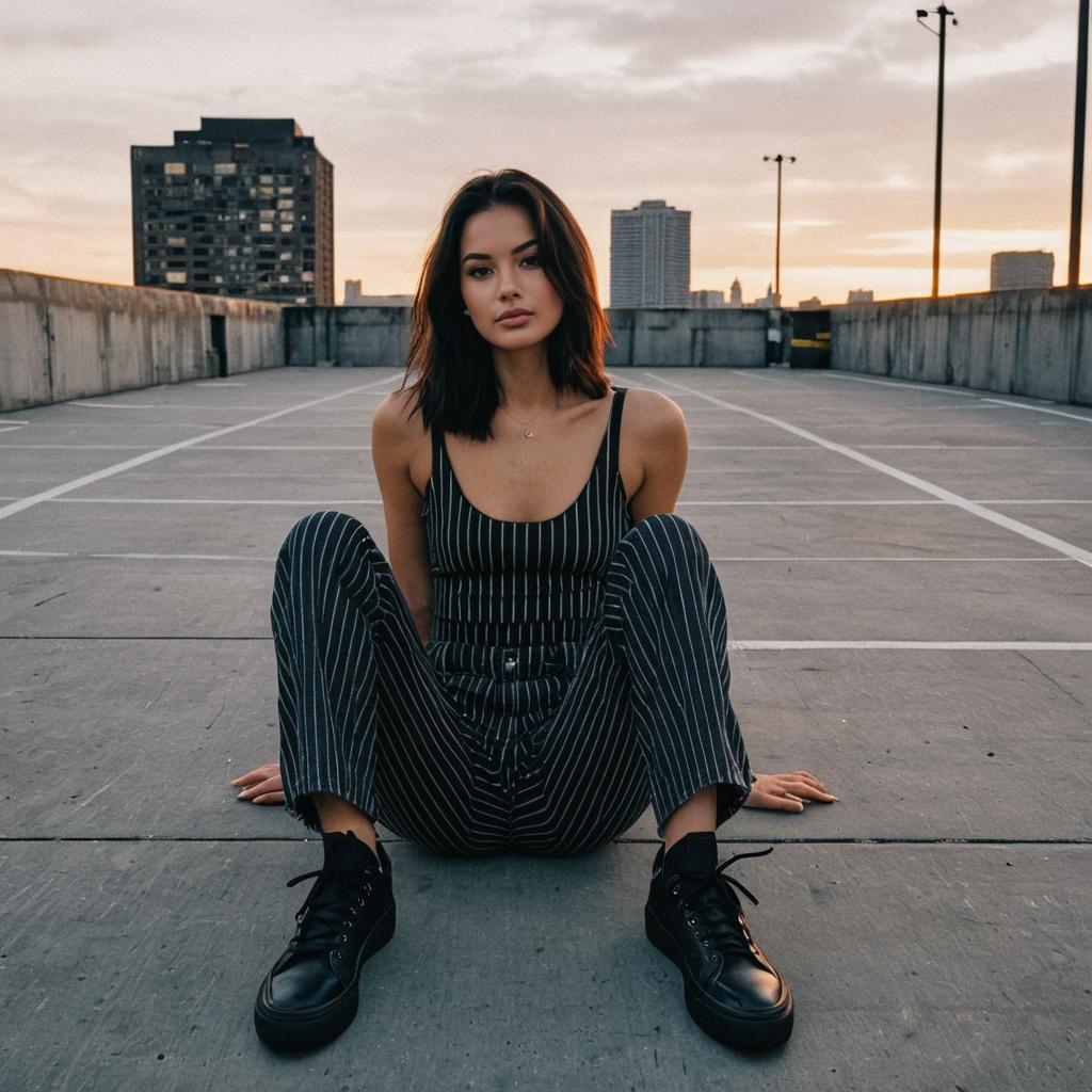Young Woman in Striped Outfit Sitting on Rooftop Parking Lot at Sunset