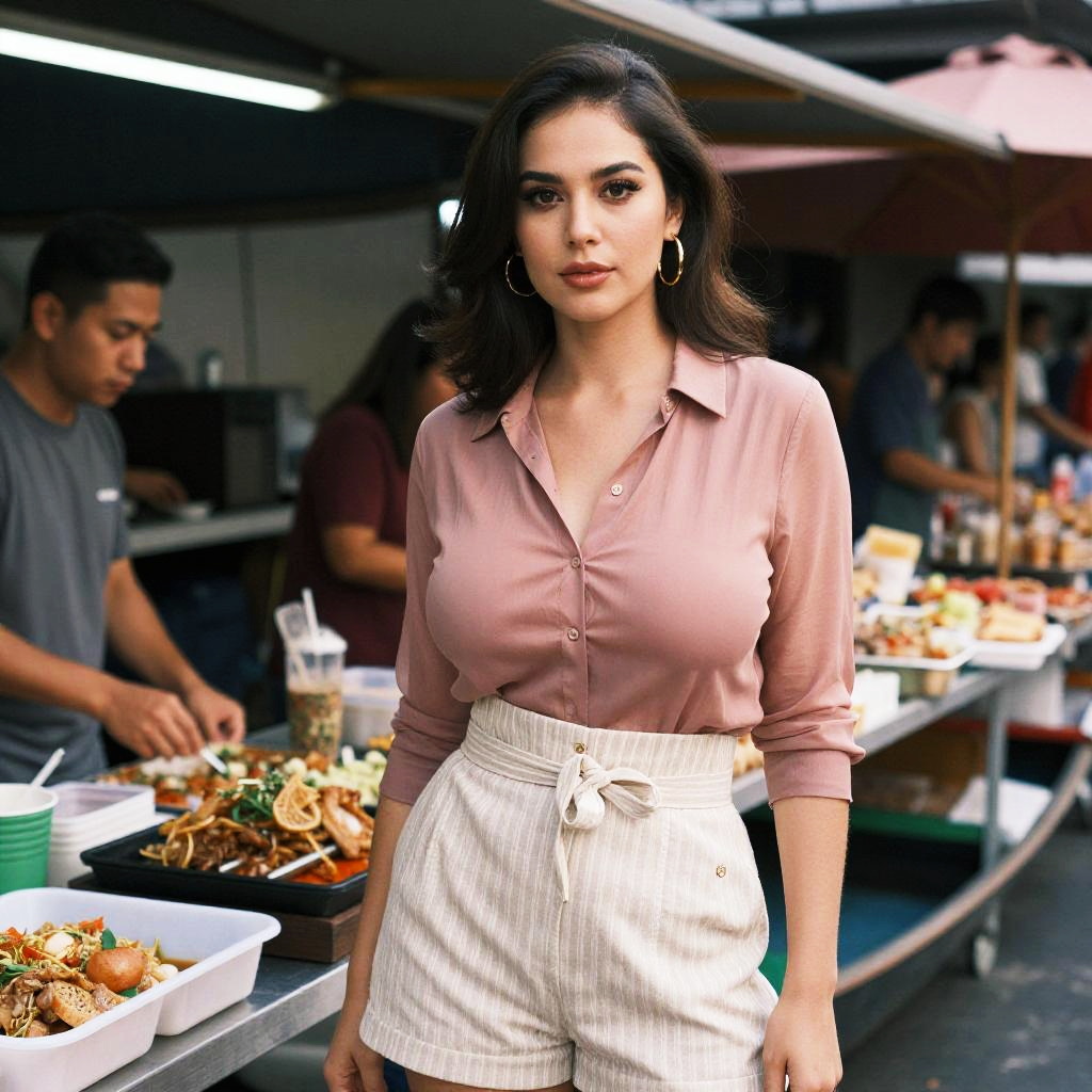 Medium Format Film Style Portrait of Woman in Muted Rose at Outdoor Market