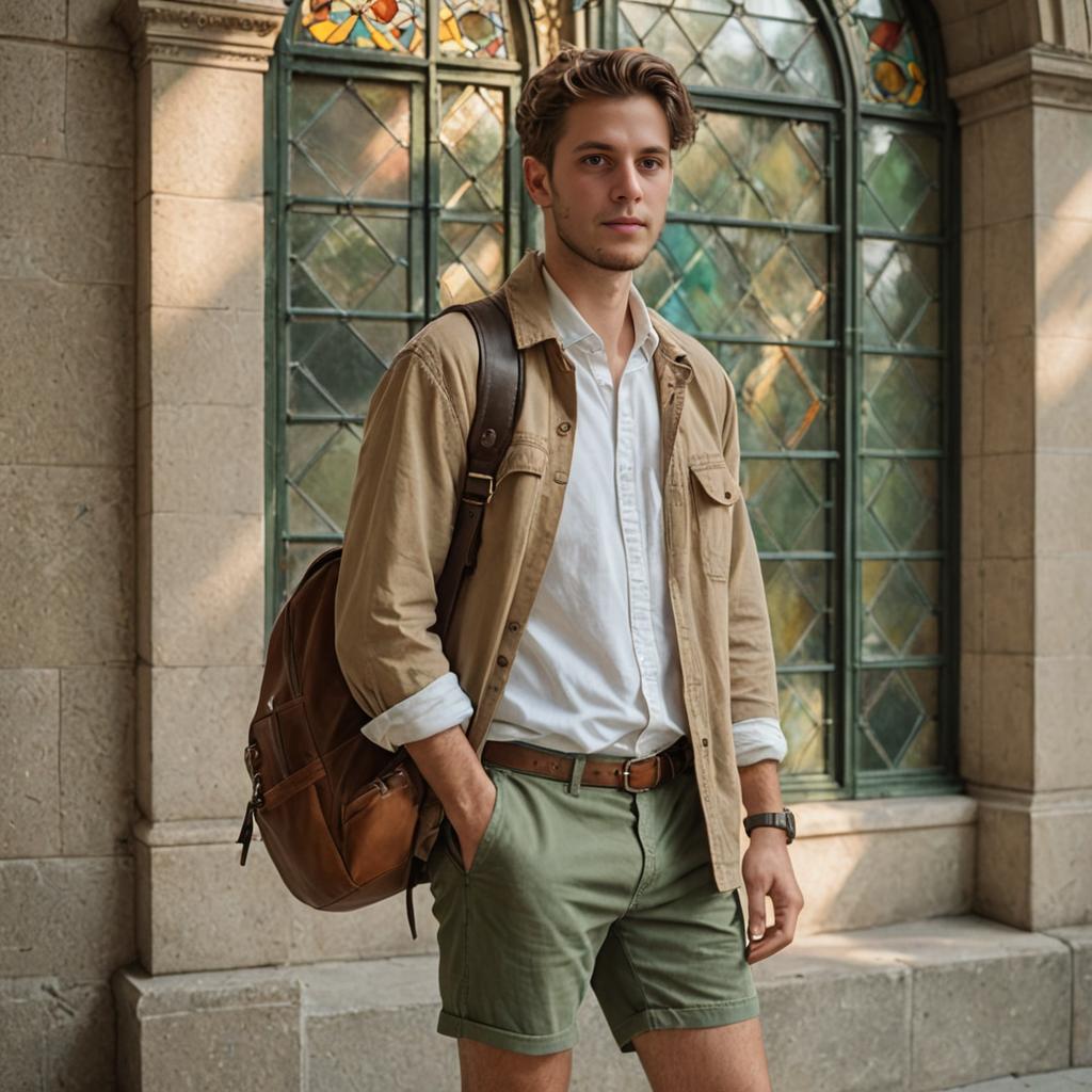 Fashionable Man in Tan Jacket with Leather Backpack