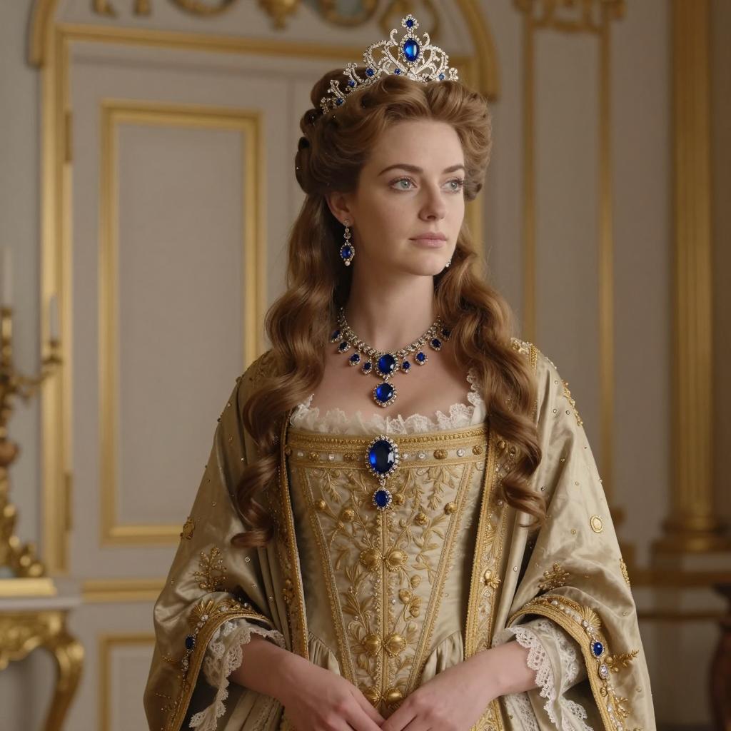 Elegant Woman in Renaissance Style Gown with Blue Gemstone Jewelry