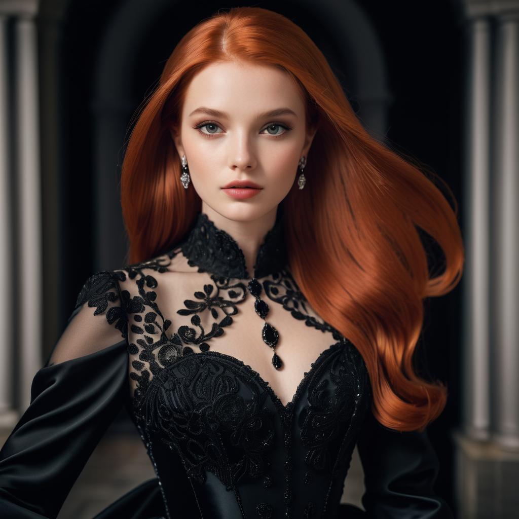 Elegant Woman in Black Gown with Red Hair