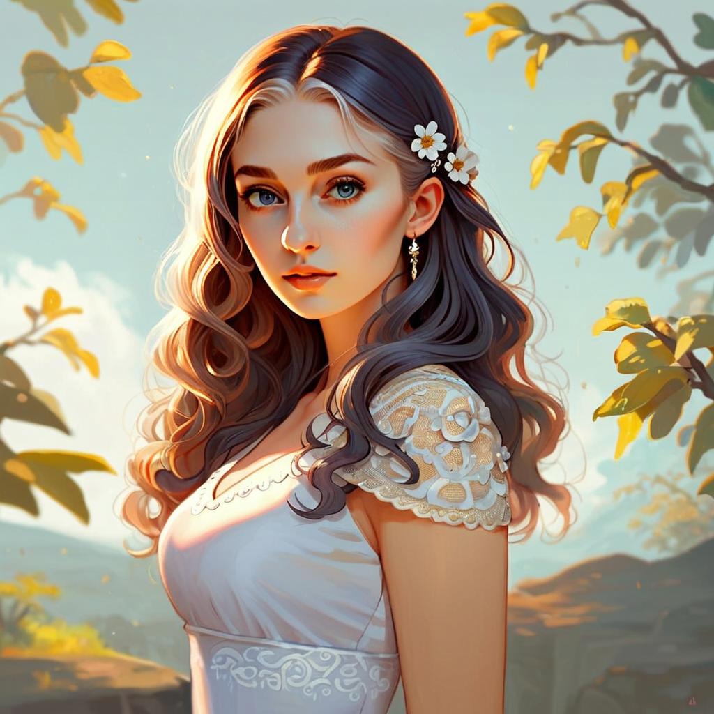 Young Woman in White Dress with Flowers