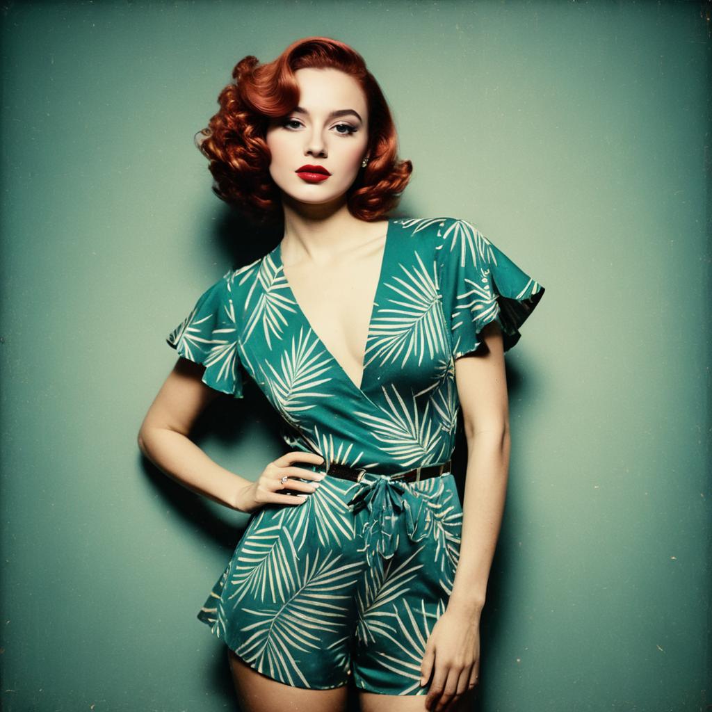Red-Haired Woman in Retro Tropical Leaf Print Romper Fashion Portrait