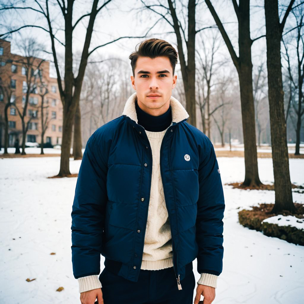 Confident Young Man in Snowy Park