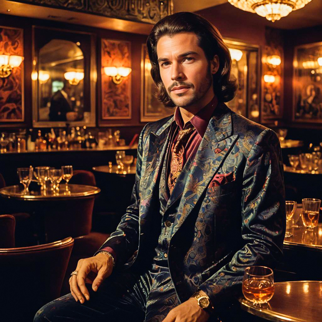 Suave Man in Ornate Suit at Stylish Bar