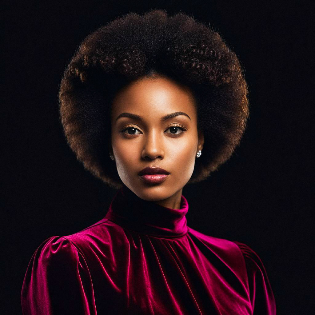 Elegant Woman with Afro in Burgundy Velvet Elegant Woman with Afro in Burgundy Velvet
