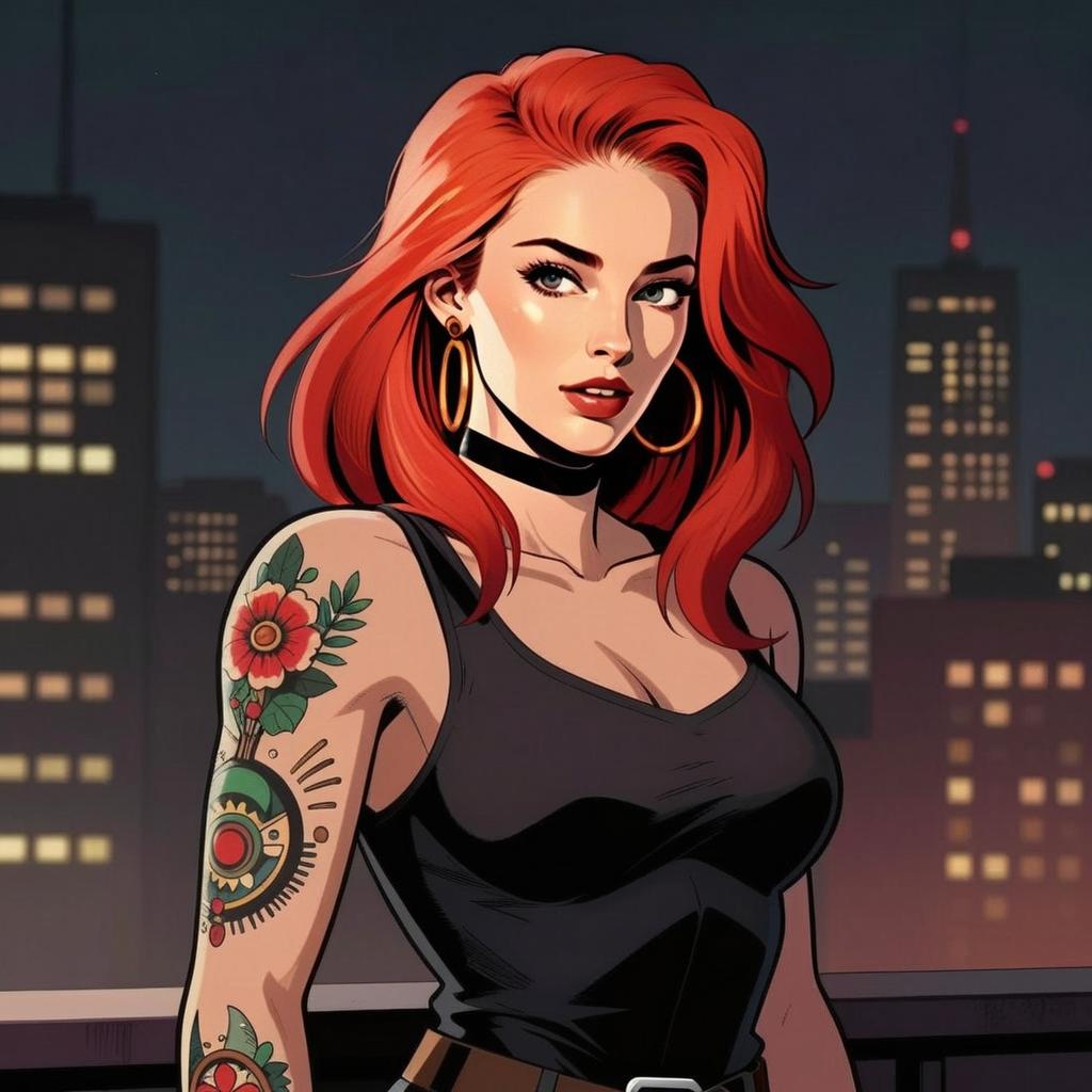 Confident Red-Haired Woman with Tattoos in Urban Nightscape Digital Art