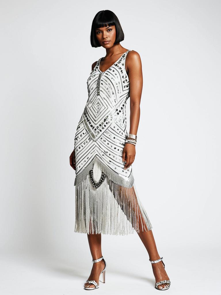 Modern Flapper Revival White Sleeveless Midi Dress for Women