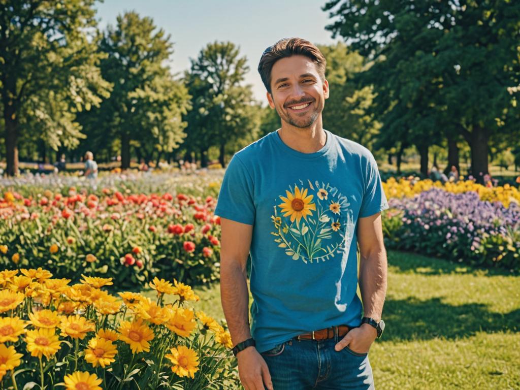 Happy Man in Blue T-Shirt Surrounded by Colorful Flowers