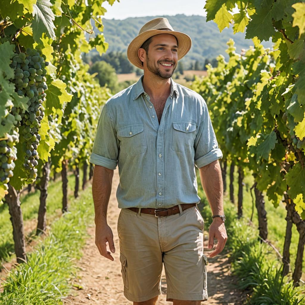 Man Exploring Sunlit Vineyards