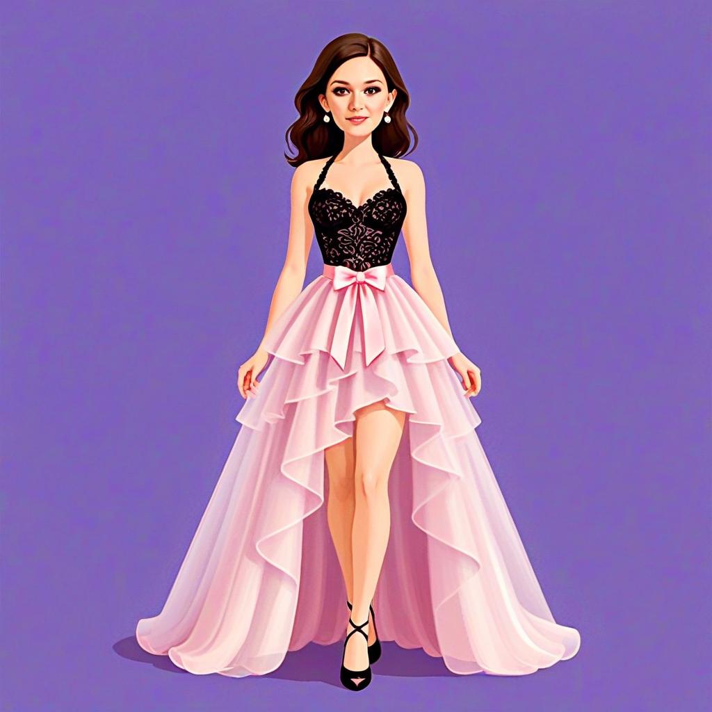 Woman in Black Lace Corset Halter Dress with Pink Layered High-Low Skirt