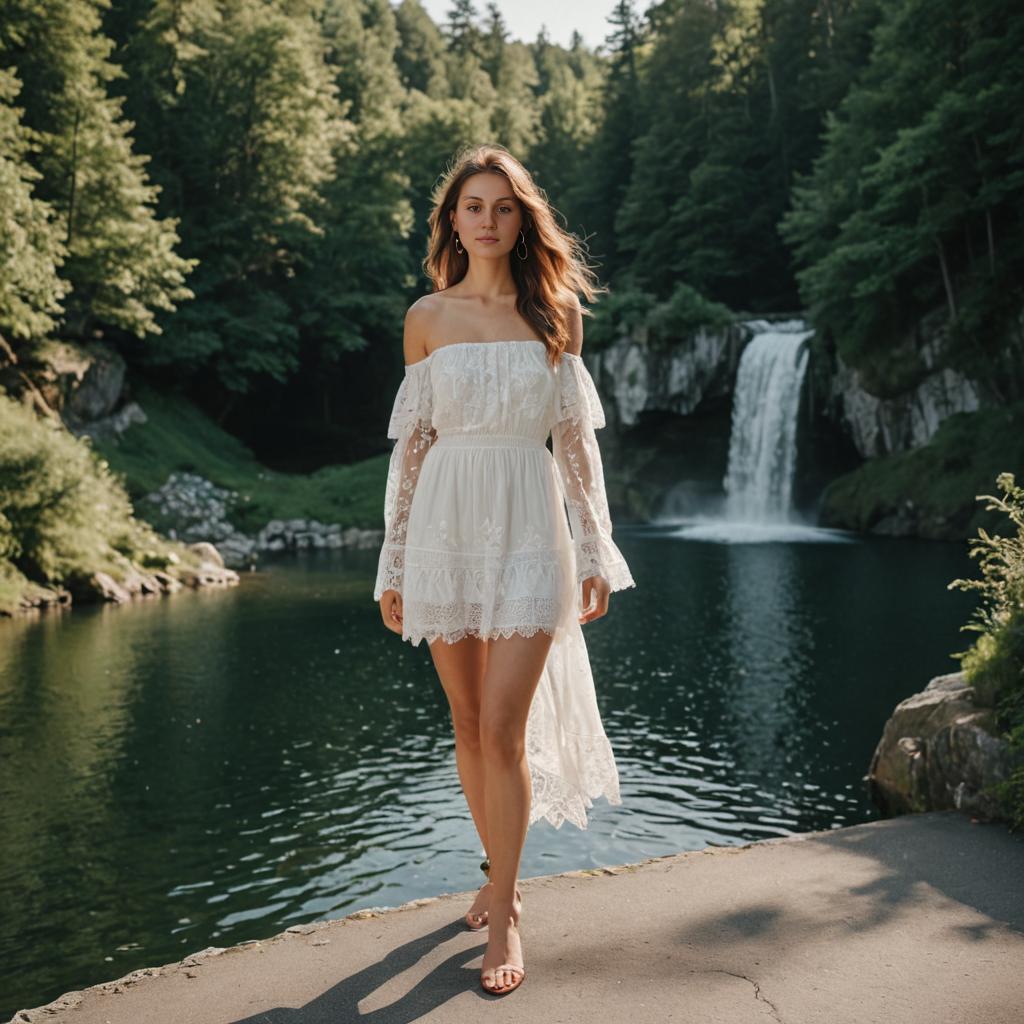 Confident Woman in Bohemian Dress by Waterfall