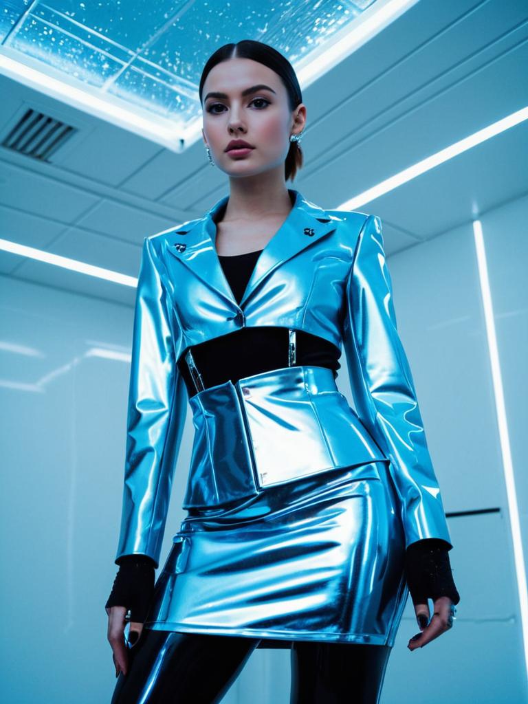 Futuristic Woman in Metallic Blue Vinyl Fashion Suit