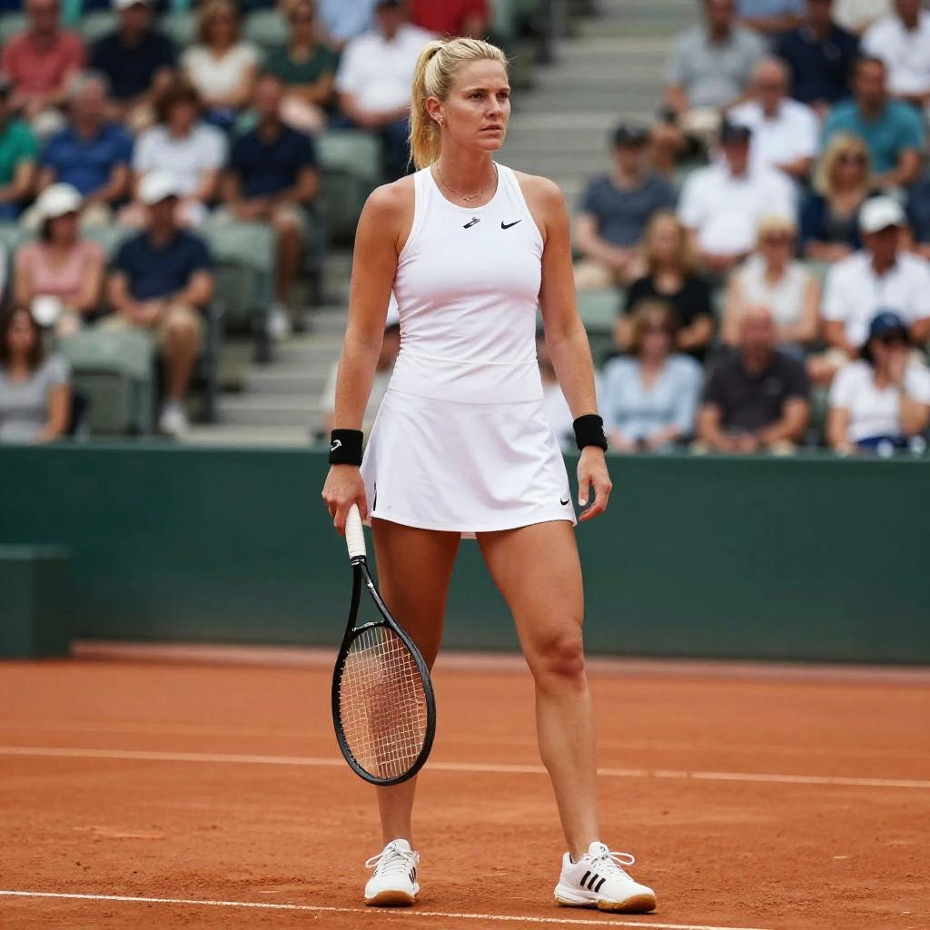 Focused Female Tennis Player on Clay Court in White Nike Outfit