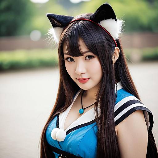 Cosplay Woman with Cat Ears in Blue Sailor Outfit