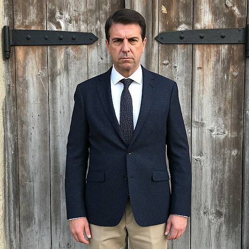 Man in Blue Blazer and Tie Standing Against Rustic Wooden Door