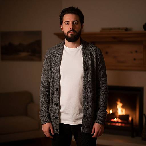 Bearded Man in Gray Cardigan Standing by Fireplace Indoors
