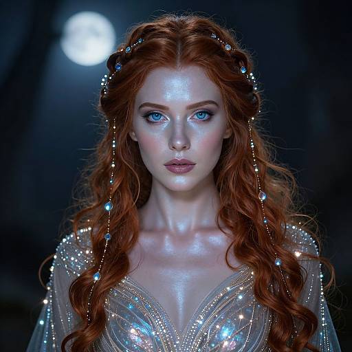 Enchanting Red-Haired Woman in Moonlit Fantasy Portrait