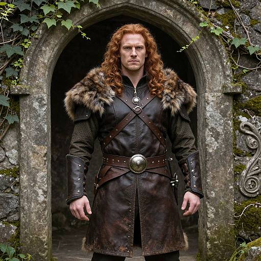 Medieval Viking Warrior Man in Fur and Leather Armor by Stone Archway