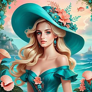 Blonde Woman in Teal Dress by the Seaside
