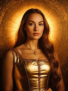 Woman Wearing Vibrant Metallic Gold Sleeveless Top with Embroidered Trim