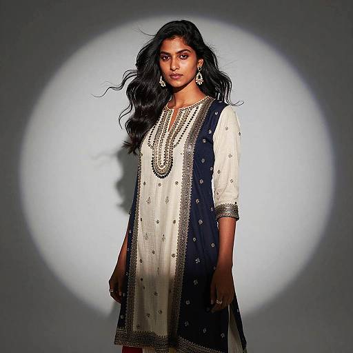 Elegant Woman Wearing Traditional Embroidered Indian Kurta in Cream and Navy