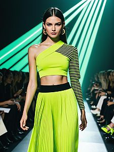 Neon Green One-Shoulder Crop Top and Pleated Skirt Fashion Runway