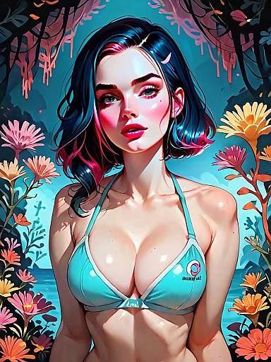 Realistic Digital Art of Woman in Sporty High Neck Quick-Dry Bikini with Floral Ocean Background