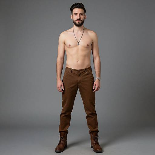 Shirtless Man in Brown Pants and Boots Standing Confidently