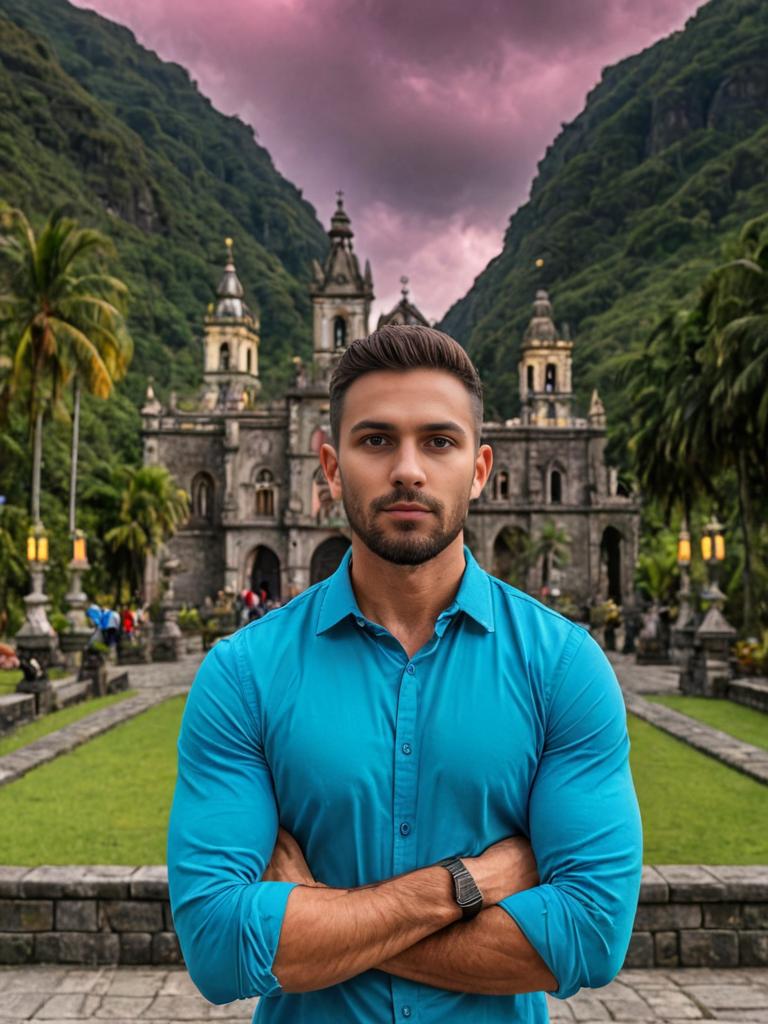 Confident Man in Turquoise Shirt at Cathedral