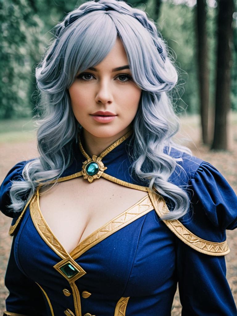 Realistic Camilla Cosplay Woman in Blue and Gold Costume