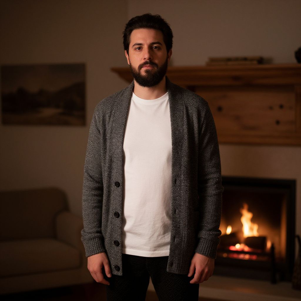 Bearded Man in Gray Cardigan Standing by Fireplace Indoors