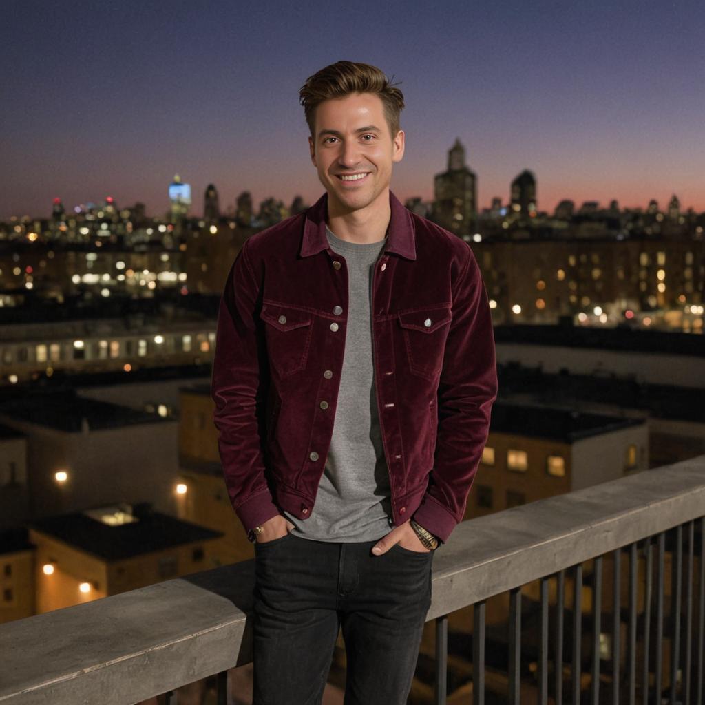 Man in Red Jacket with City Nightscape