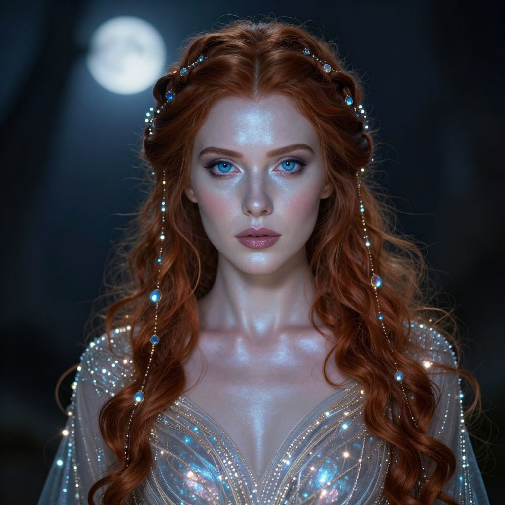 Enchanting Red-Haired Woman in Moonlit Fantasy Portrait