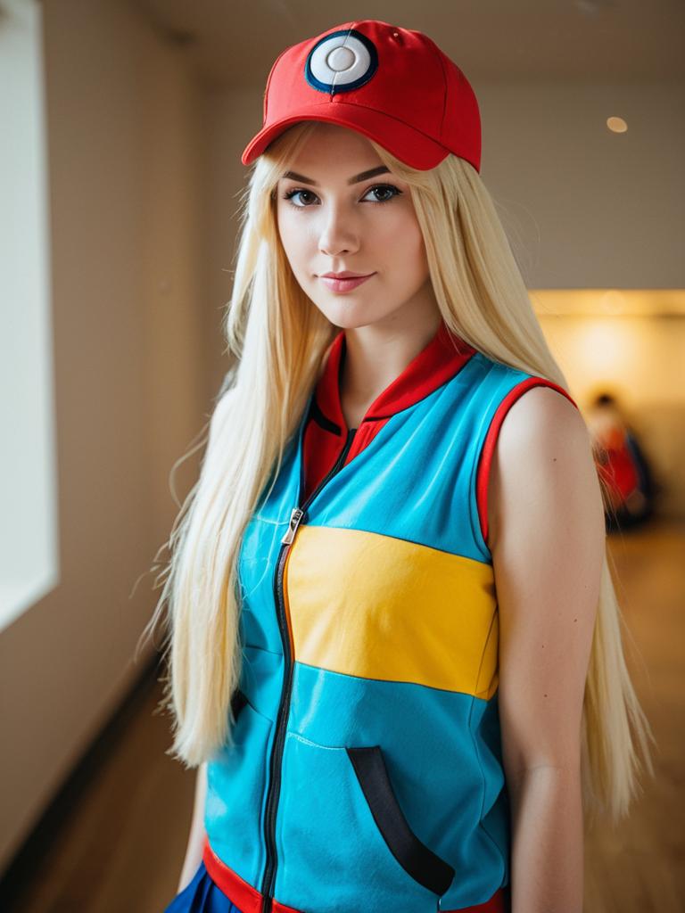 Ace Pokémon Trainer Woman in Realistic Costume and Red Poké Ball Cap