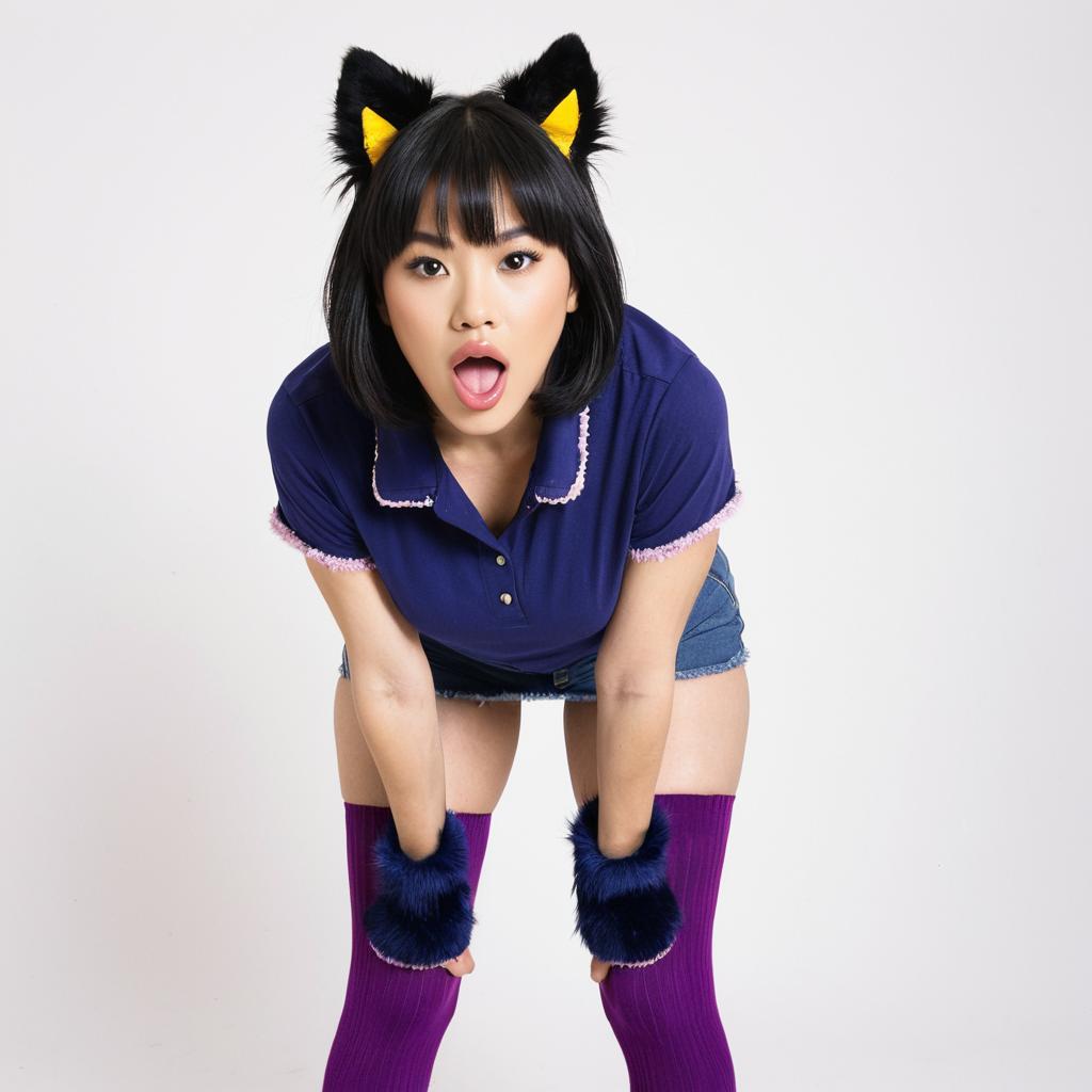 Young Woman in Cat Ear Headband and Playful Outfit Posing with Surprised Expression