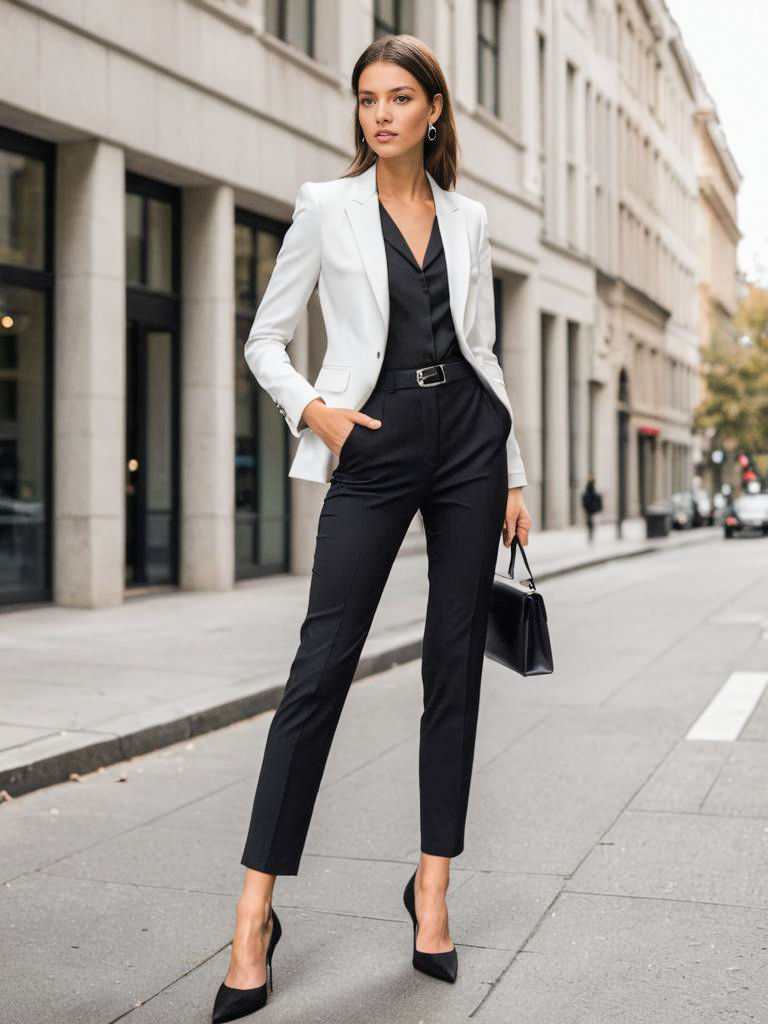 Fashion-forward woman in black jumpsuit and white blazer