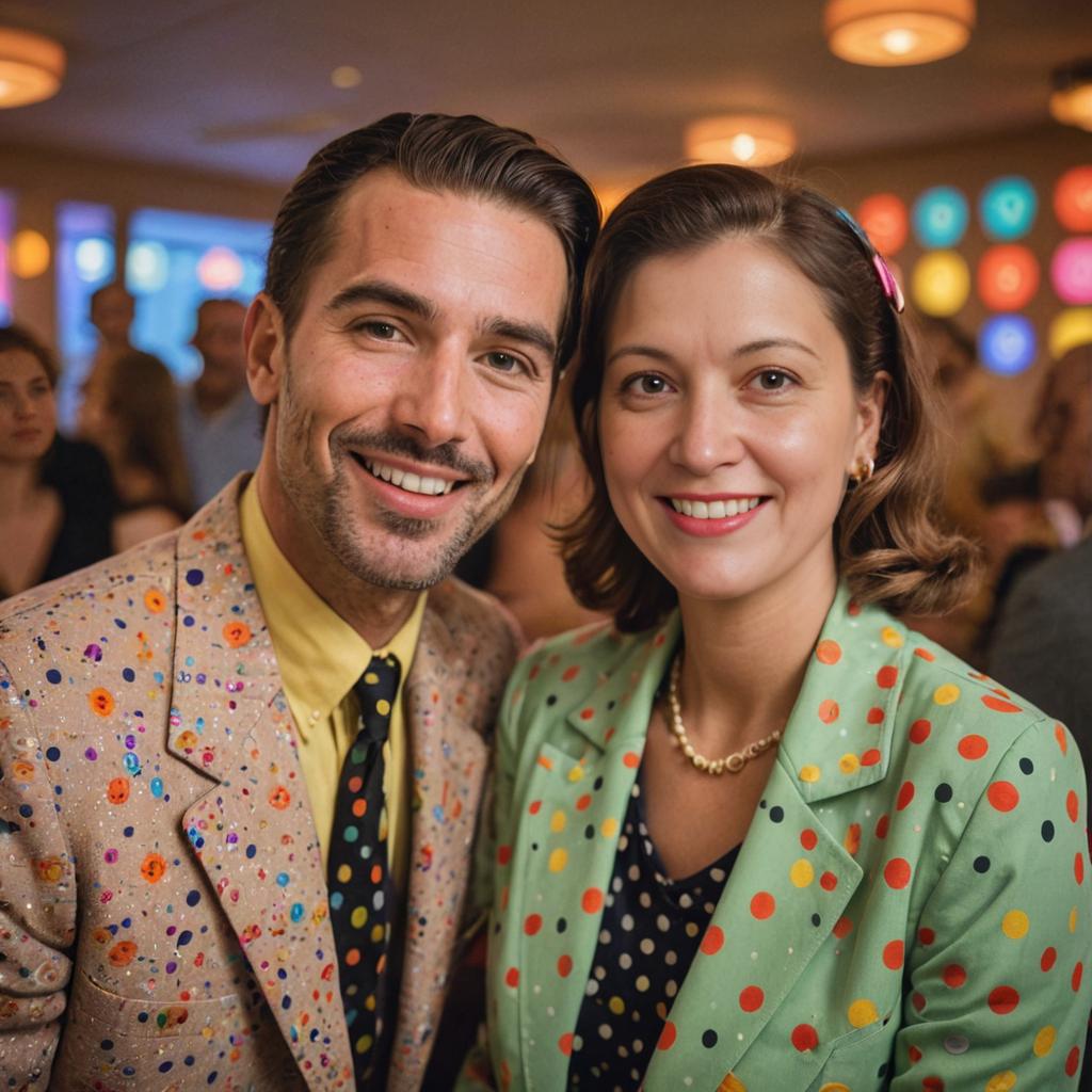 Cheerful Couple in Colorful Polka-Dot Outfits